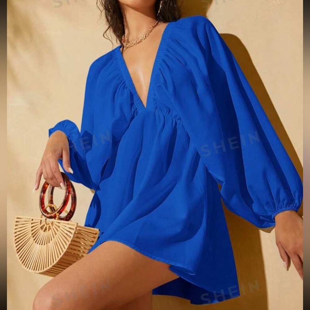 Plunging Neck Lantern Sleeve Tie Back Dress